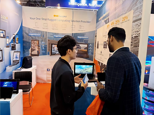 Field engineer utilizing Emdoor rugged AI laptop for complex data analysis