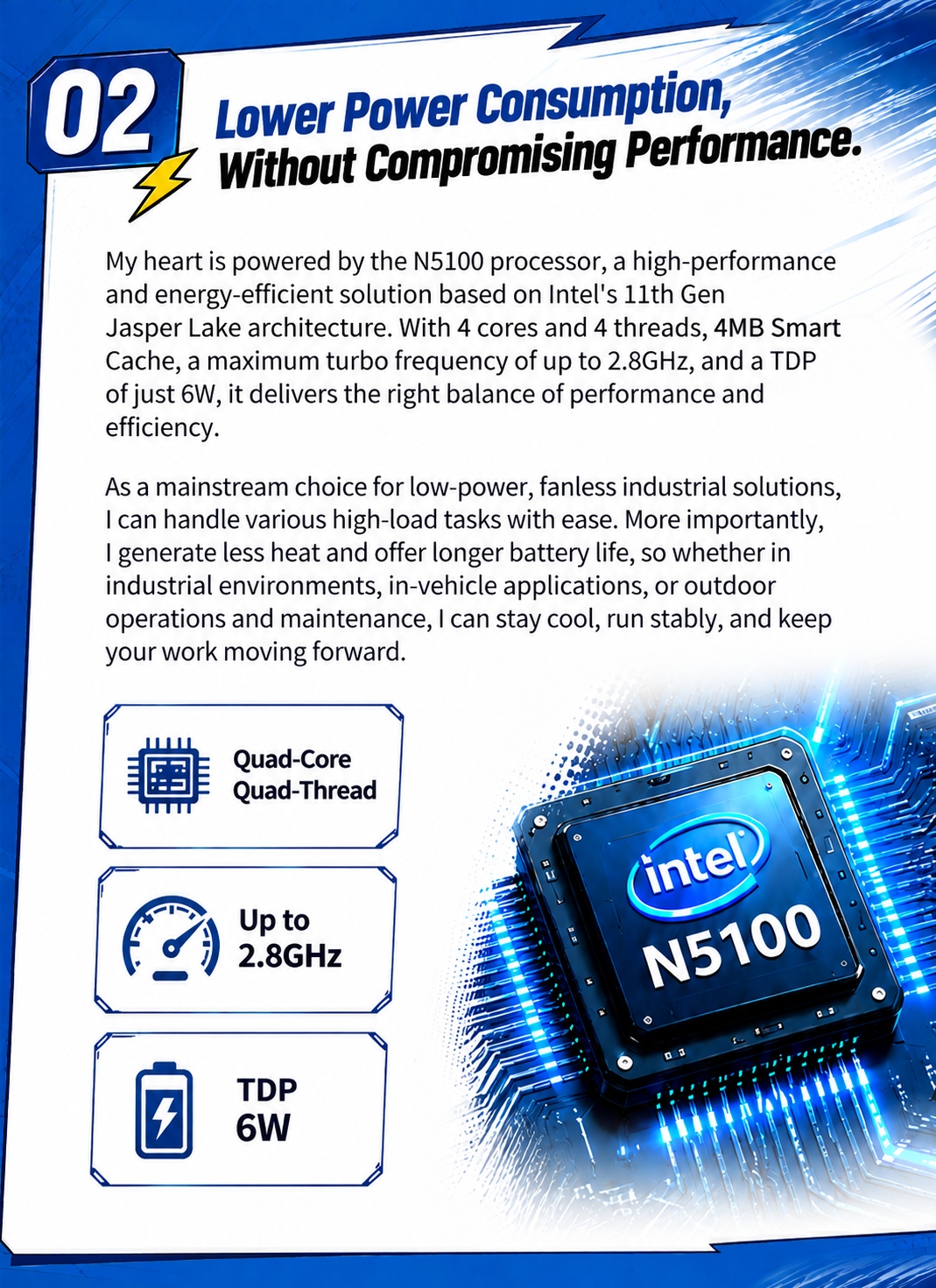 Intel N5100 low-power processor with 4 cores 4 threads up to 2.8GHz and 6W TDP