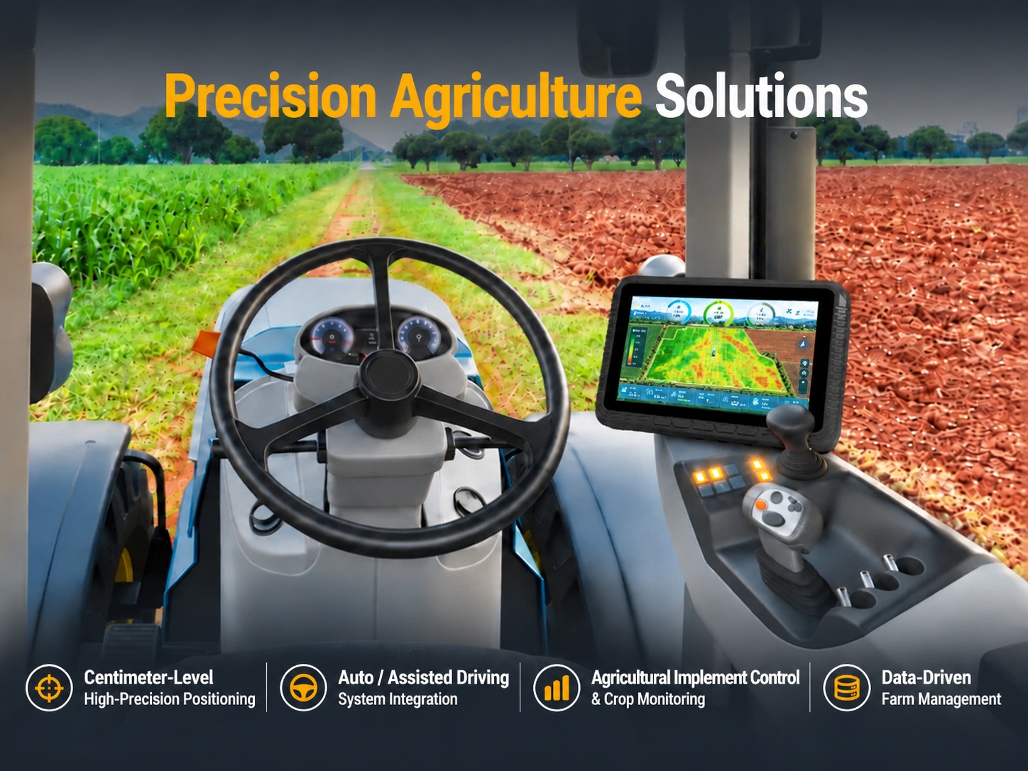 Emdoor precision agriculture solution illustrated in a tractor cab