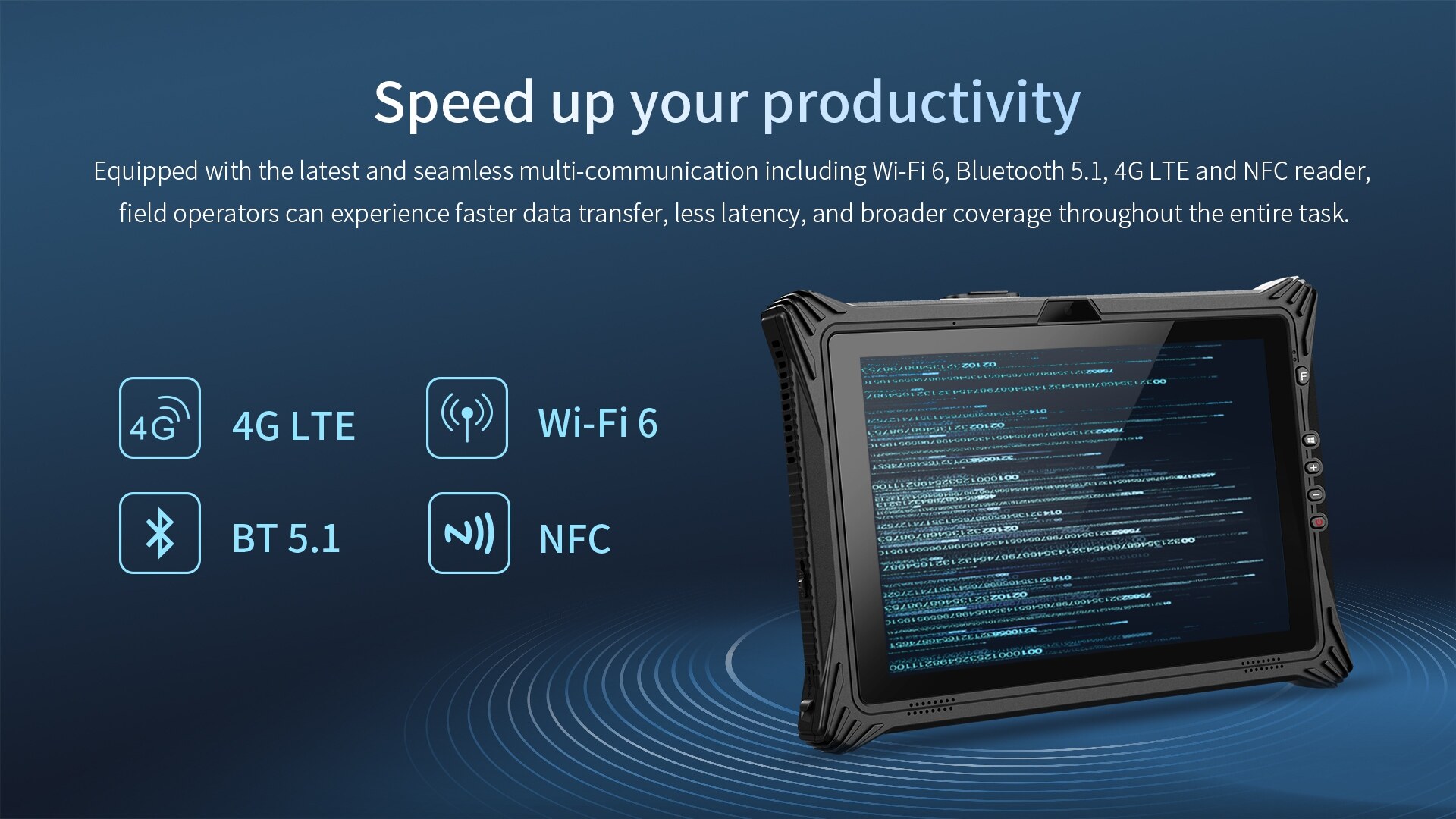 Equipped with the latest and seamless multi-communication including Wi-fi 6, Bluetooth 5.1, 4G LTE and NFC reader.