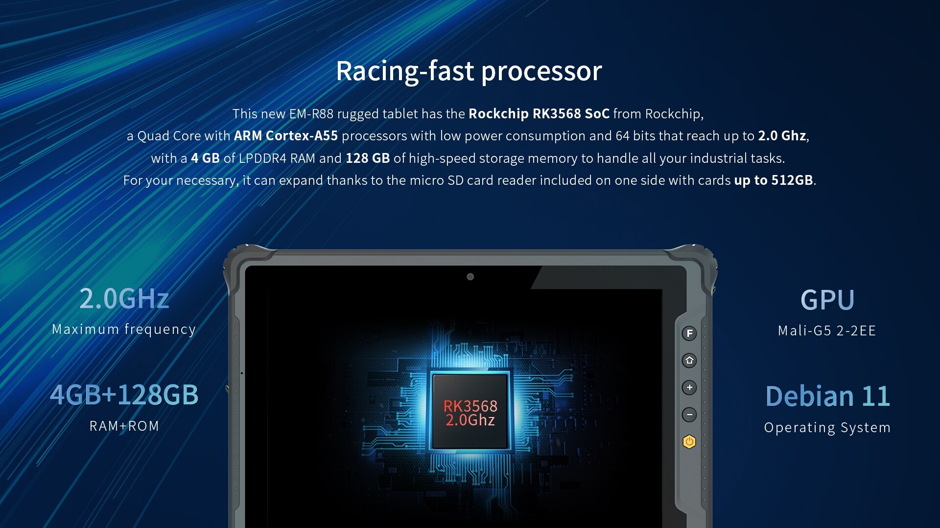 EM-R88 rugged tablet with Rockchip RK3568 SoC, Quad-Core ARM Cortex-A55 at 2.0GHz, 4GB LPDDR4 RAM, 128GB storage, Mali-G52-2EE GPU, Debian 11 OS, and micro SD up to 512GB.