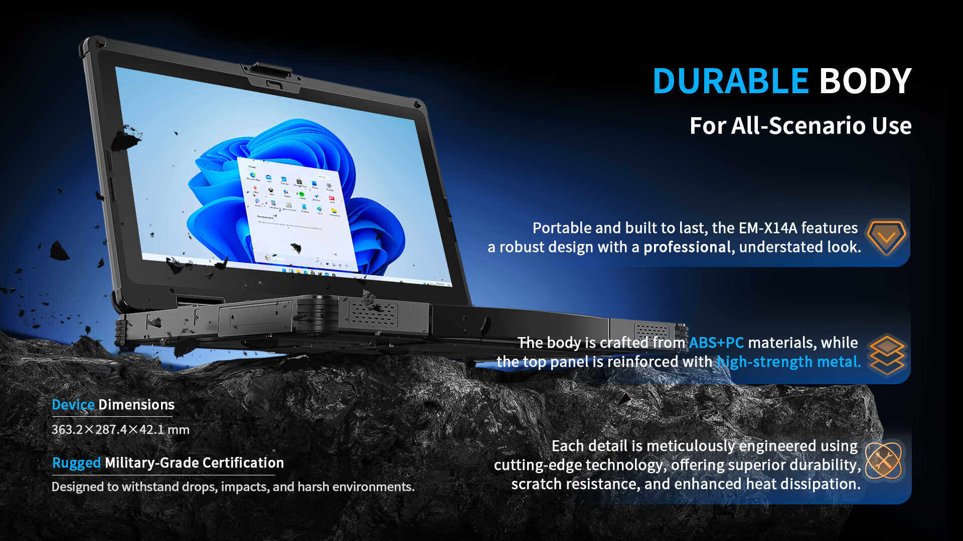 A feature graphic showcasing the durable, military-grade body of a rugged laptop designed to withstand drops, impacts, and harsh environments.