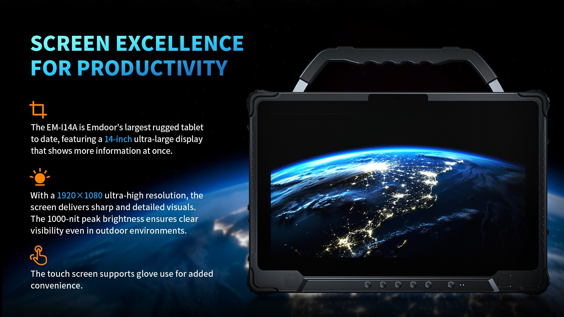 An overview of the EM-I14A rugged tablet's screen, highlighting its 14-inch size, 1000-nit sunlight-readable brightness, and glove-compatible touch panel.