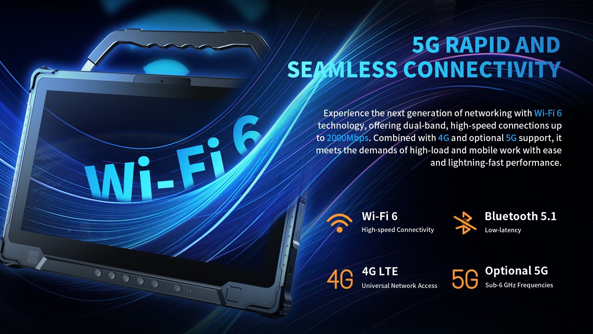 A graphic detailing the tablet's rapid and seamless connectivity, featuring Wi-Fi 6, Bluetooth 5.1, 4G LTE, and optional 5G support.
