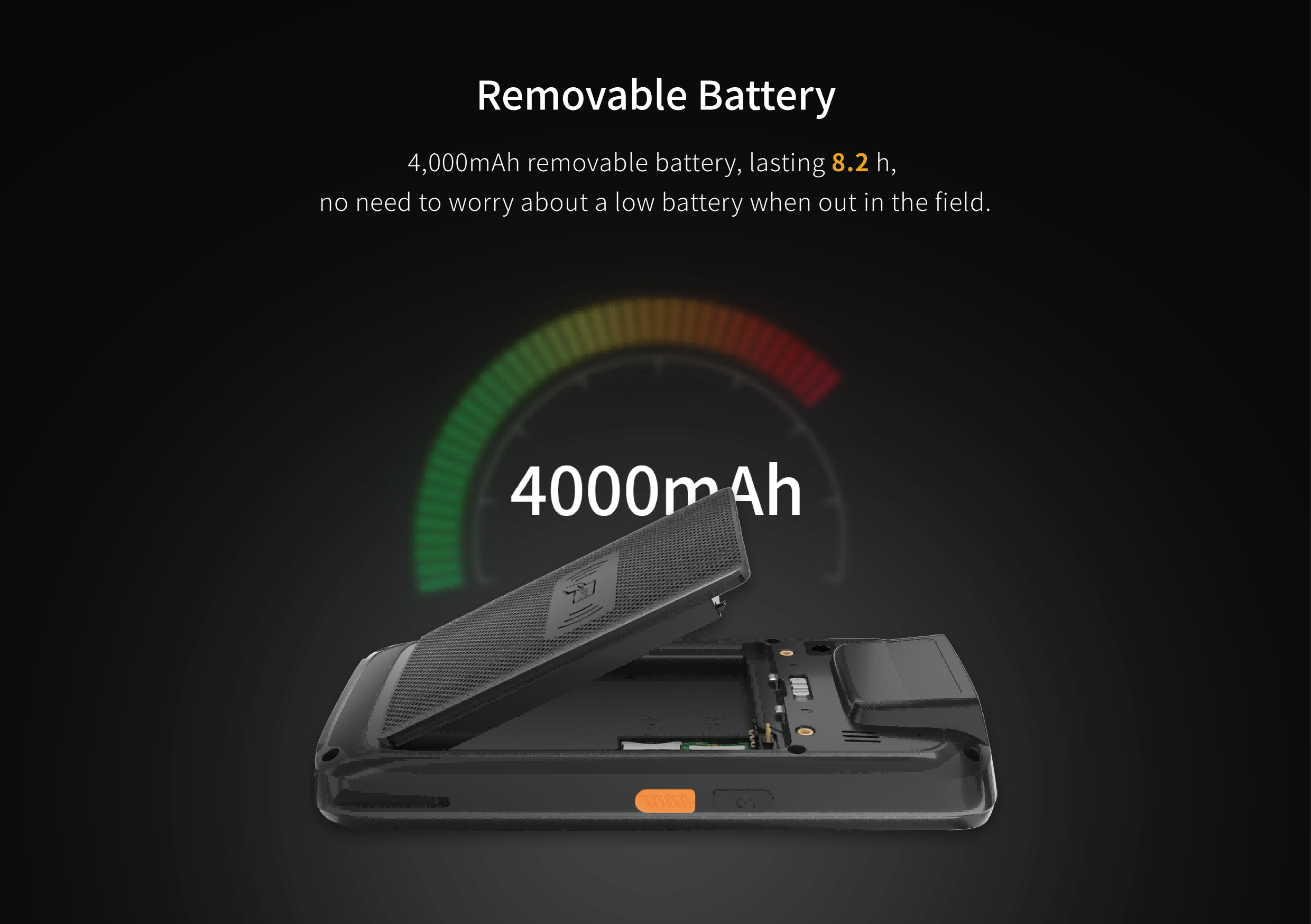 4,000mAh removable battery, lasting 8.2 h,no need to worry about a low battery when out in the field