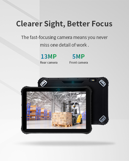 An overview of the rugged tablet's camera system, showcasing its 13MP fast-focusing rear camera and 5MP front camera for work details.
