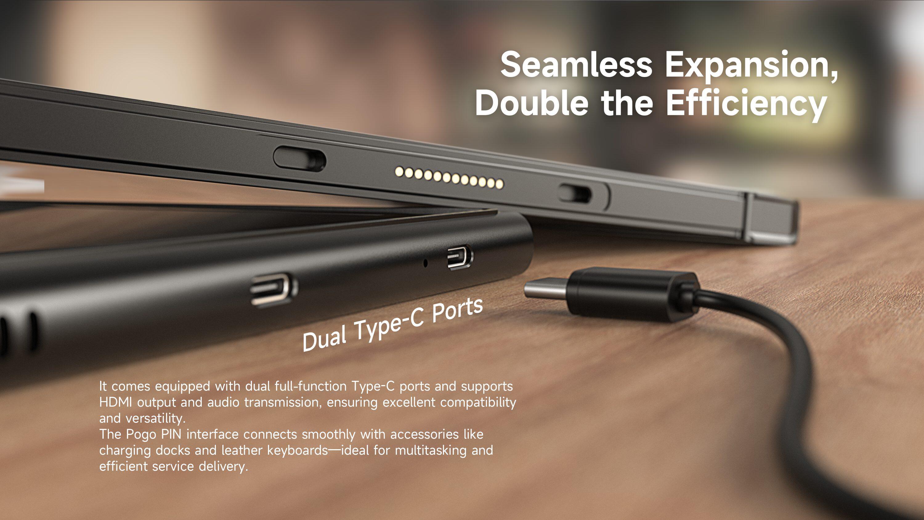 EM-IS19J rugged Windows tablet with dual Type-C ports and Pogo Pin interface for accessory expansion