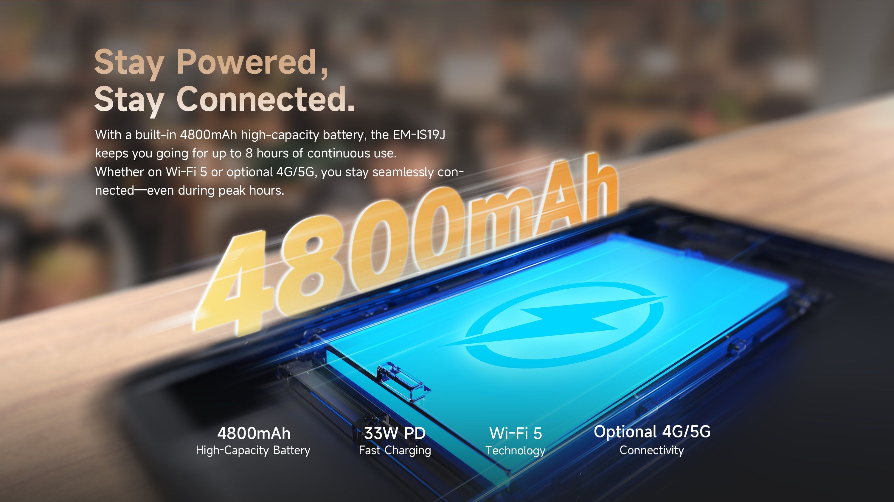 EM-IS19J rugged Windows tablet with 4800mAh battery, Wi-Fi 5 and optional 4G 5G connectivity
