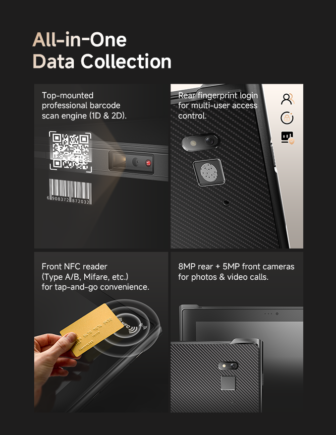 EM-IS19J rugged Windows tablet all-in-one data collection with barcode scanning, NFC reader, fingerprint login and dual cameras mobile view