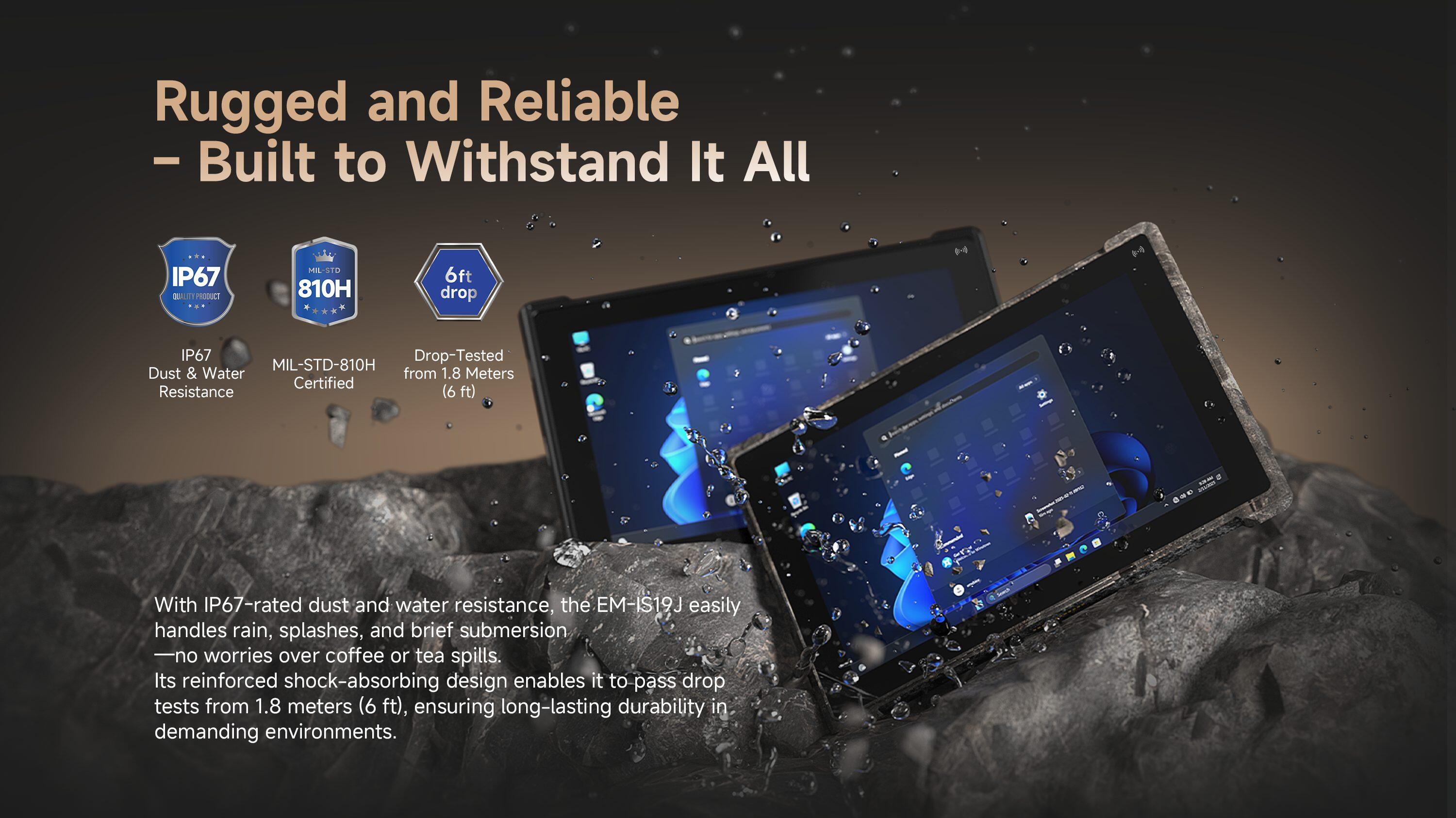 EM-IS19J rugged Windows tablet with IP67 protection, MIL-STD-810H certification and 1.8 meter drop resistance