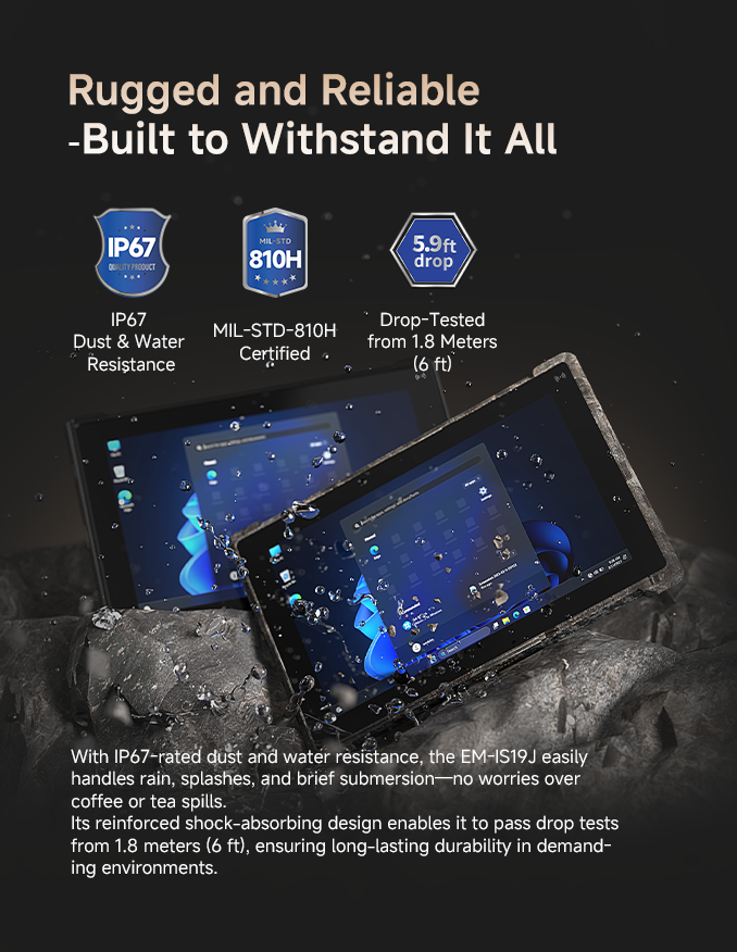 Rugged Windows tablet with dust and water resistance, military-grade durability and drop-tested design mobile view