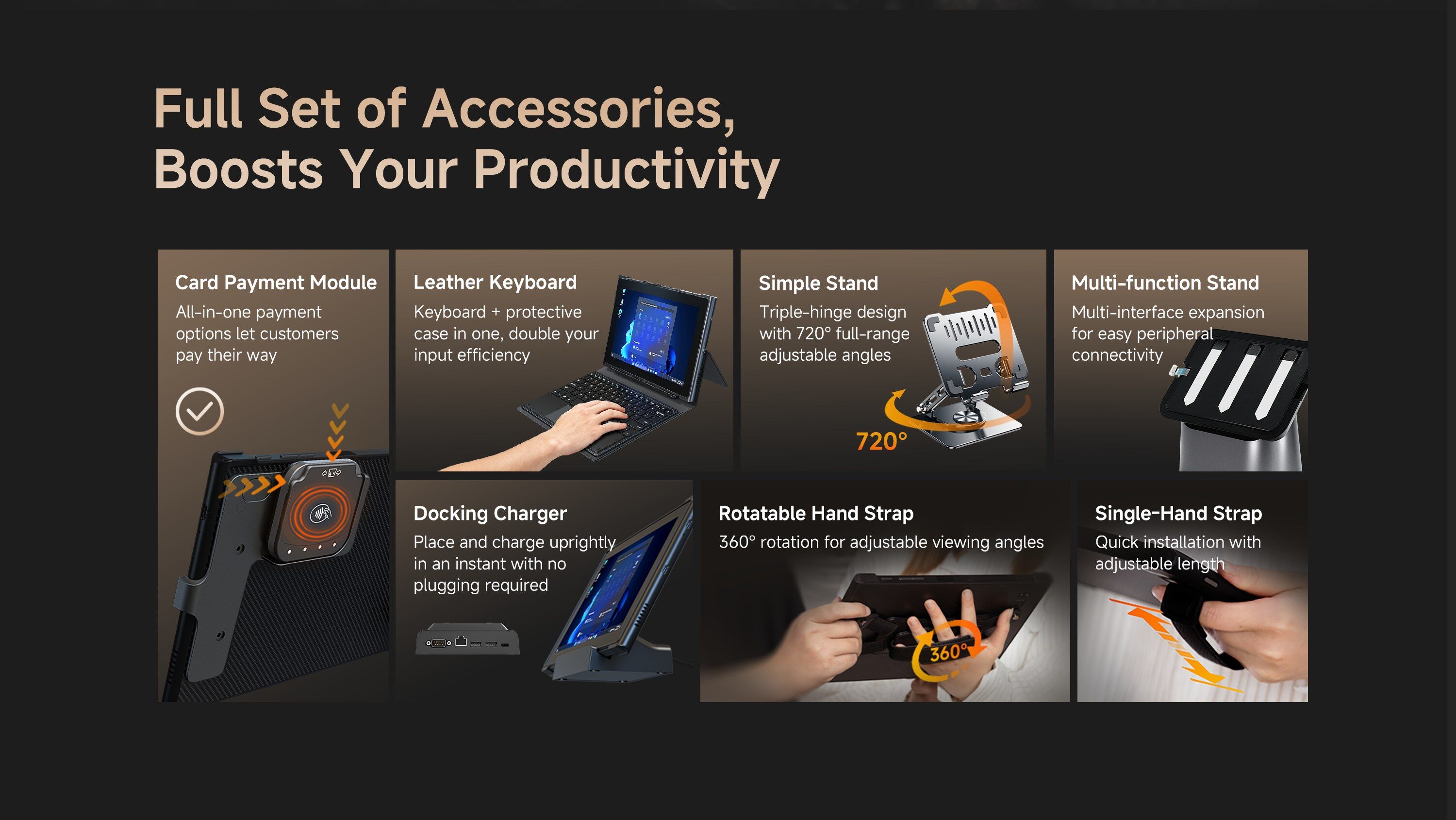 EM-IS19J rugged Windows tablet accessories including card payment module, leather keyboard, simple stand, multi-function stand, docking charger, rotatable hand strap and single-hand strap