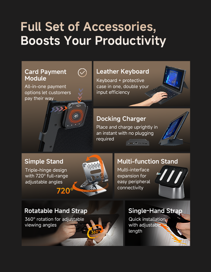 EM-IS19J rugged Windows tablet accessory ecosystem mobile view with payment module, keyboard, stands, docking charger and straps