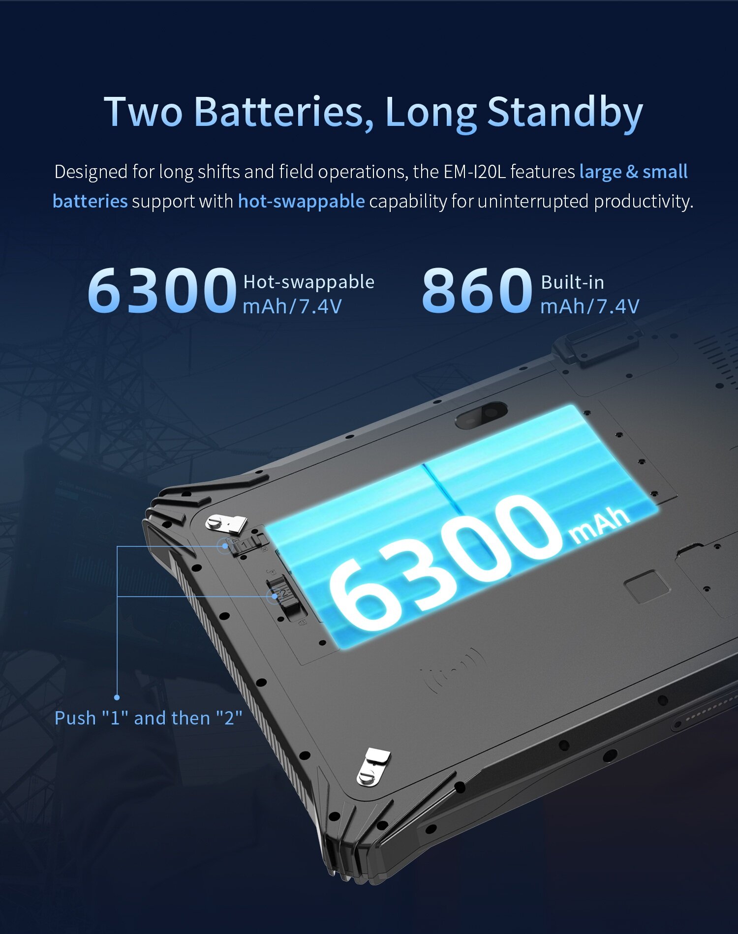 EM-I20L rugged Windows tablet with hot swappable dual battery for long field operations