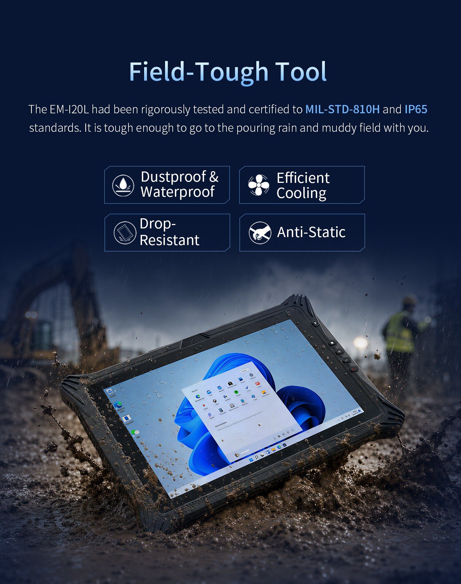 EM-I20L rugged Windows tablet with IP65 MIL-STD-810H dustproof waterproof and drop resistant protection