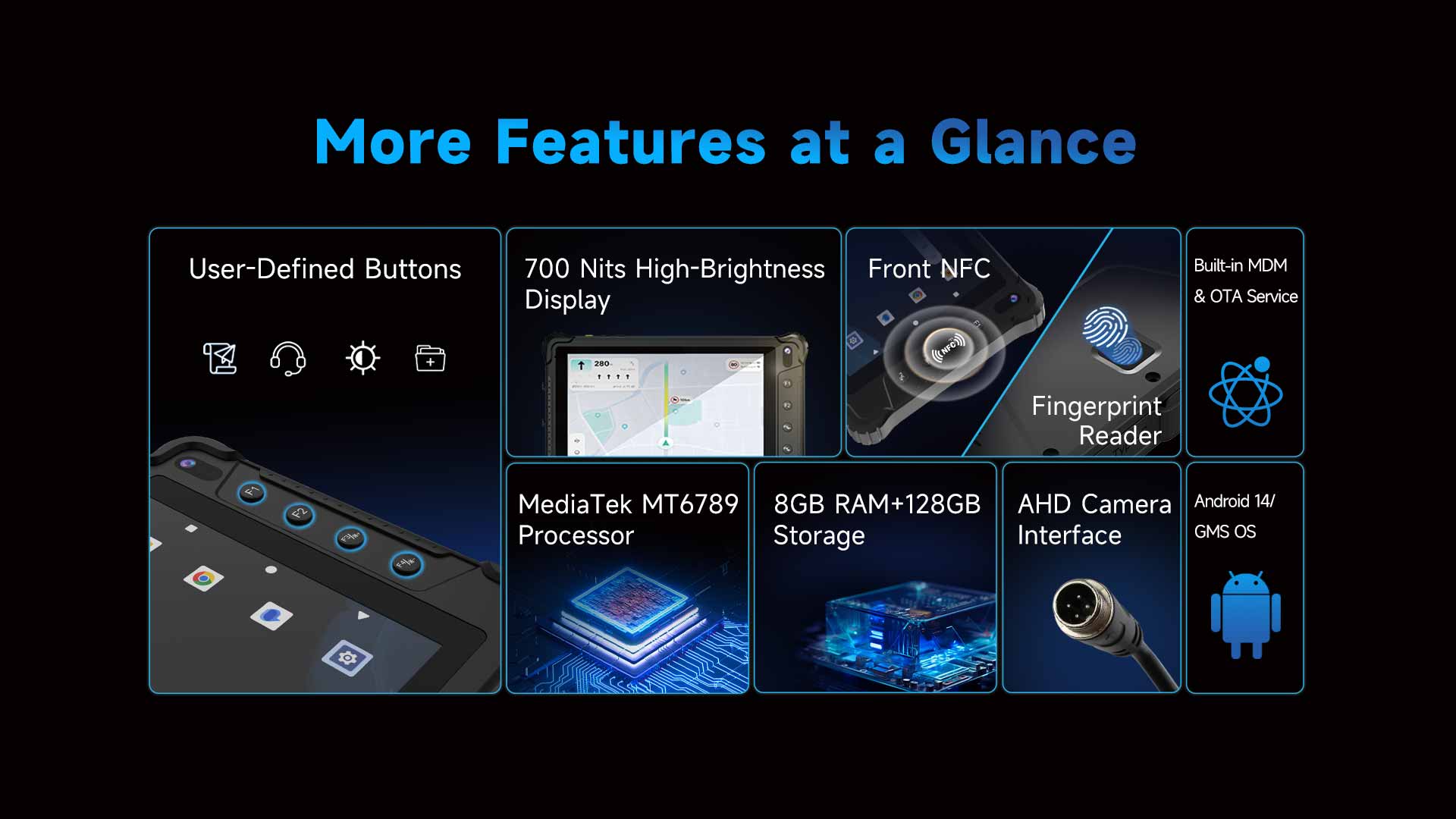 V82T fleet management tablet with Android 14, MediaTek MT6789 processor, front NFC and vehicle-ready features