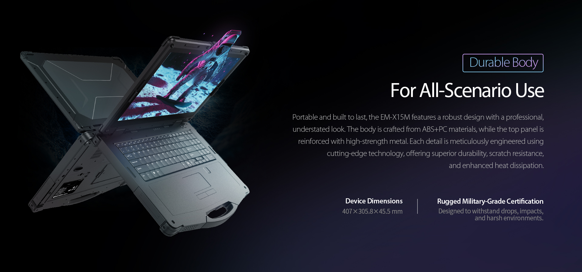 EM-X15M rugged laptop with durable ABS and PC body, reinforced metal top panel and rugged structure for field service and industrial workflows