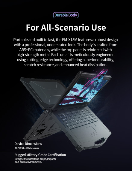 EM-X15M rugged laptop with durable ABS and PC body, reinforced metal top panel and rugged structure for field service and industrial workflows