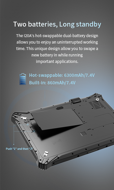 EM-I20A Windows rugged tablet PC with 6300mAh hot-swappable battery and 700mAh built-in backup battery for long field operation