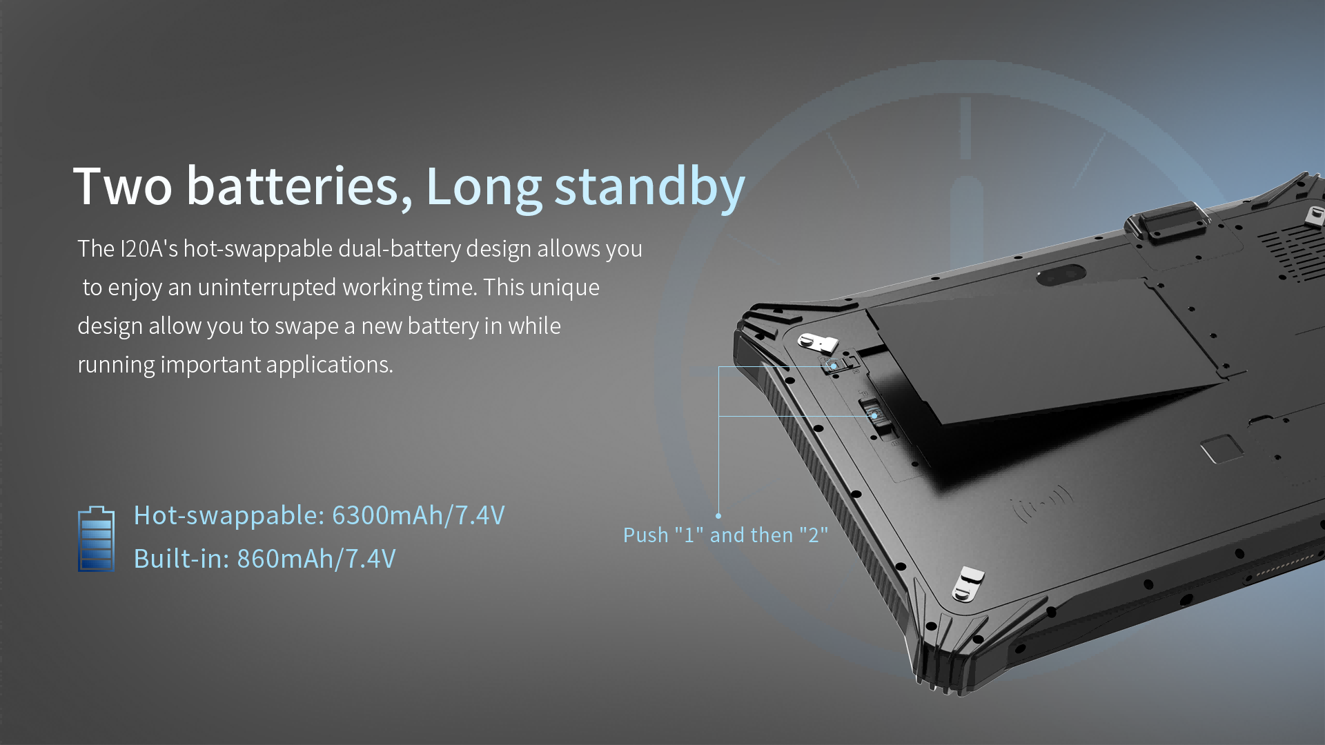 EM-I20A Windows rugged tablet PC with 6300mAh hot-swappable battery and 700mAh built-in backup battery for long field operation