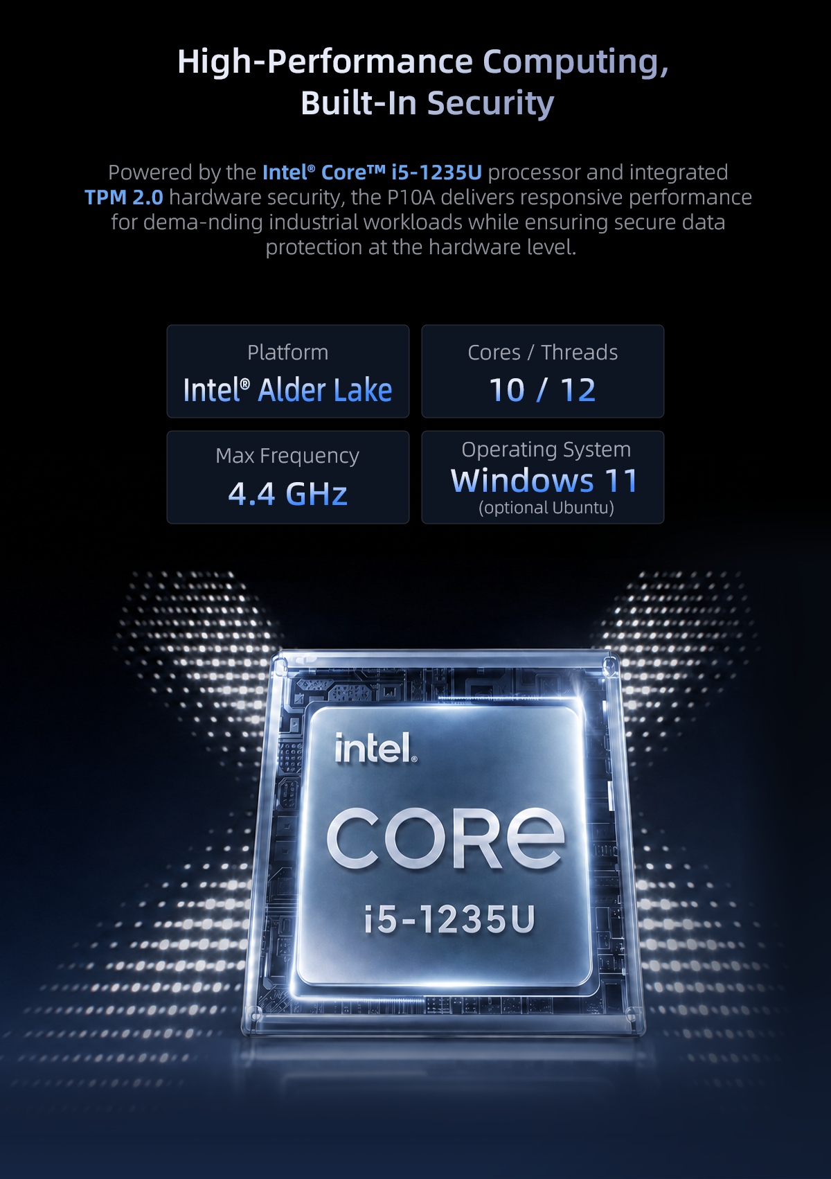 P10A Windows industrial panel PC with Intel Core i5-1235U processor and TPM 2.0 hardware security