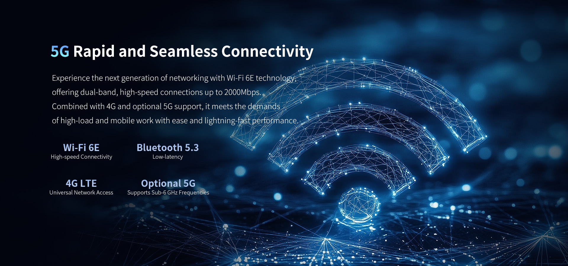 EM-I14M rugged AI PC with Wi-Fi 6, 4G LTE, optional 5G and Bluetooth 5.3 for high-speed wireless connectivity in field operations