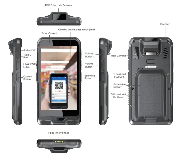 Six Views of 6'' Android Handheld EM-Q66 Rugged PC