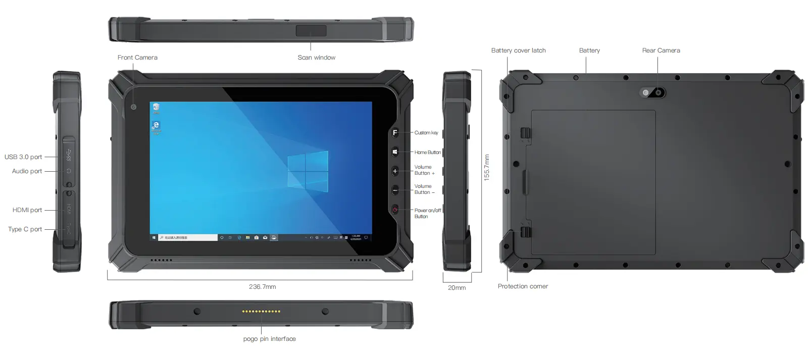 Six Views of 8'' Windows Tablet EM-I87J Rugged PC