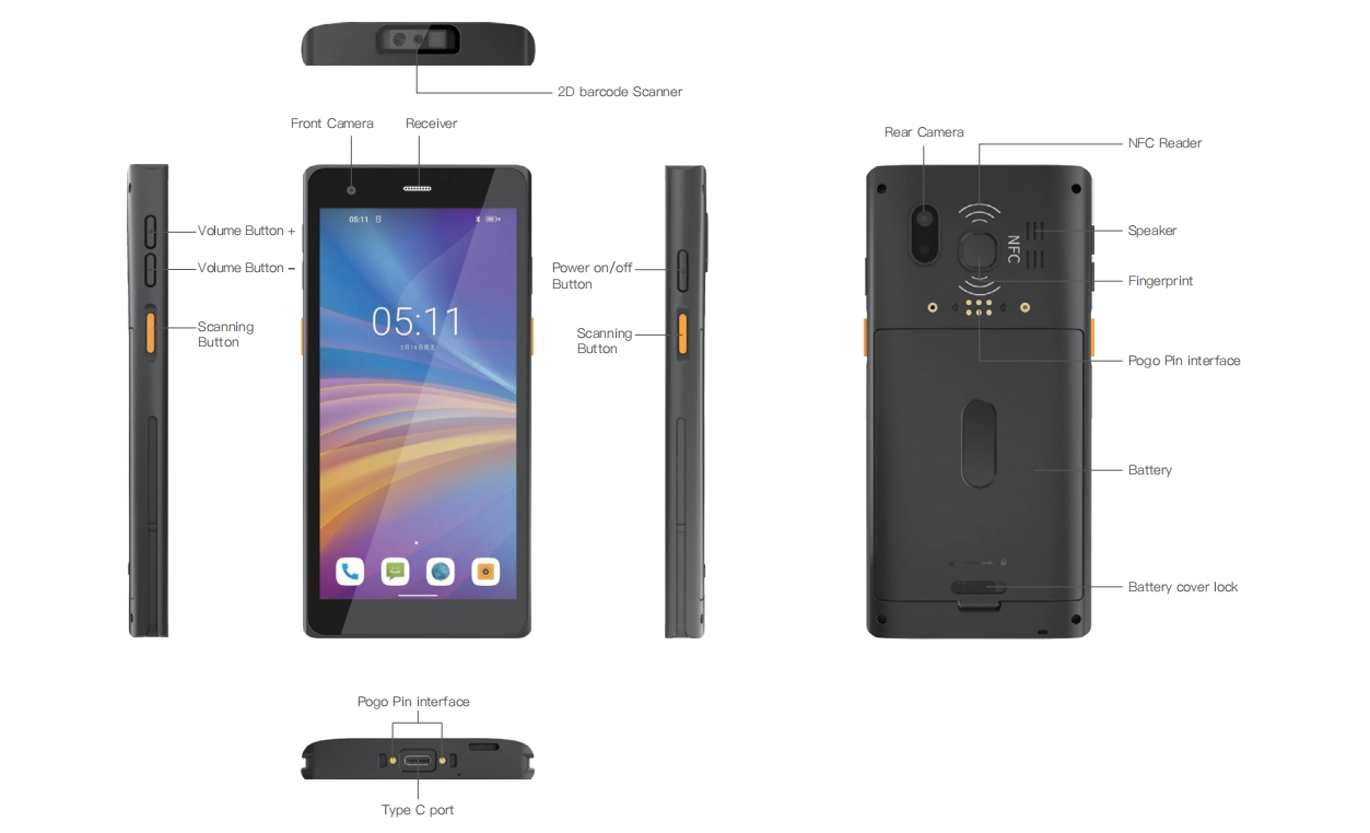 Six Views of 6'' Android 12.0: 5G Rugged handheld EM-T695